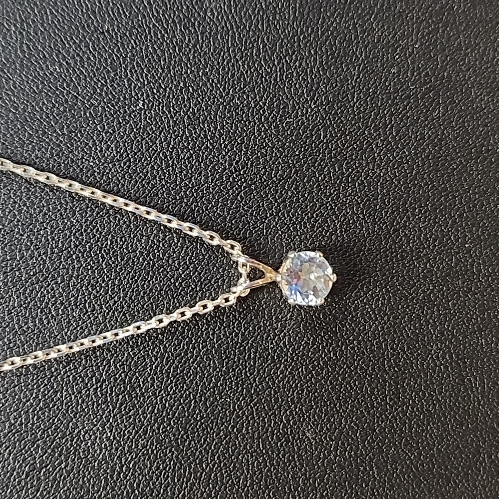 Sterling Silver 925 Solitaire Pendant Necklace 18" Clear Stone Dainty Minimalist